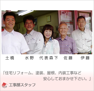 工事部スタッフ　「住宅リフォーム、塗装、屋根、内装工事など安心してお任せください。」　（写真左から、土橋、水野、代表森下、佐藤、伊藤）